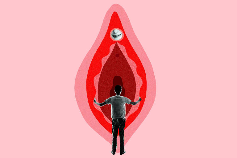Colagem de homem em preto e branco, entrando numa vagina. O clitóris é um sorriso feminino em preto e branco. O restante está em tons de vermelho e rosa