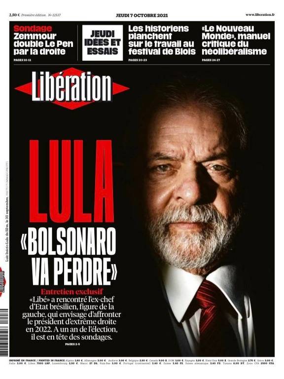O ex-presidente Lula é capa da edição de 7 de outubro de 2021 do jornal francês Libération