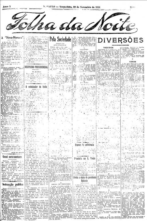 Primeira Página da Folha da Noite de 29 de novembro de 1921