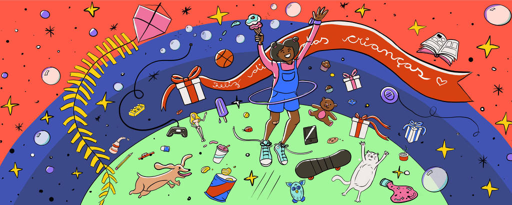 Ilustração bem colorida, mostra menininha no centro de um planeta, saltando sorrindo, enquanto segura um sorvete. Ao seu lado, diversos brinquedos, guloseimas e pets flutuam com ela
