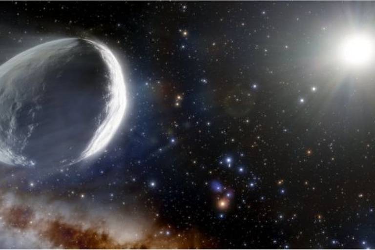 Imagem do espaço mostra um asteróide e uma estrela brilhante ao fundo