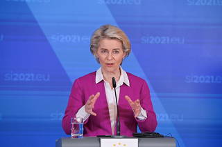 FILE PHOTO: European Commission President Ursula von der Leyen addresses a news conference at the conclusion of  a summit in Brdo pri Kranju, Slovenia,