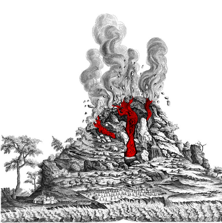 gravura de vulcão em erupção