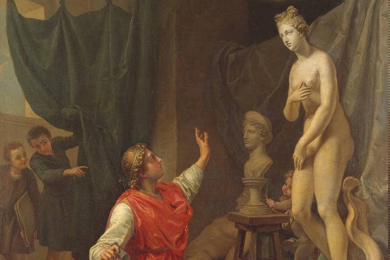 Pintura a óleo mostra um homem, Pigmalião, com túnica vermelha ajoelhado contemplando sua escultura, Galateia