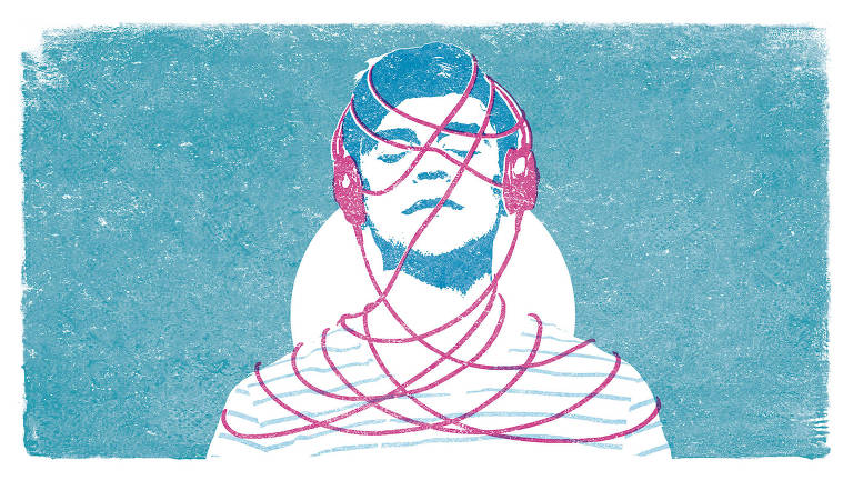 Ilustração de uma pessoa usando fones de ouvidos com o fio enrolado em seu corpo