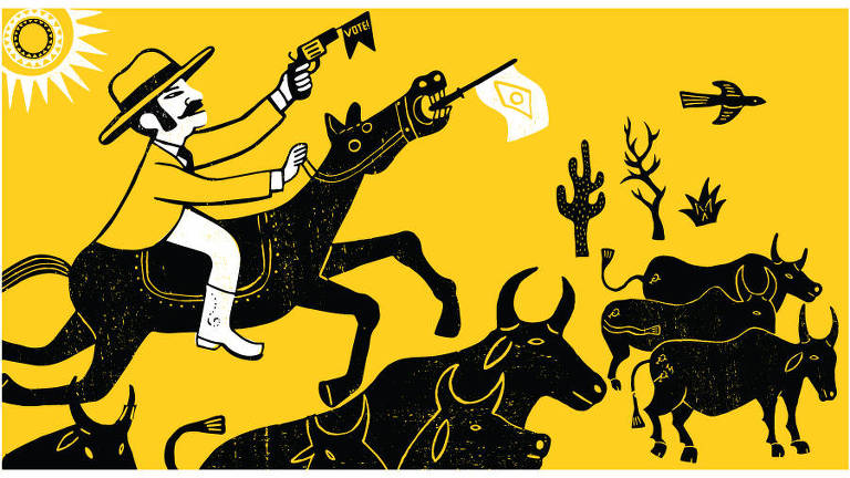 Ilustração da coluna de Marcos Lisboa mostra um homem de chapéu com uma arma na mão sentado num cavalo que carrega na boca a bandeira do Brasil em meio ao gado