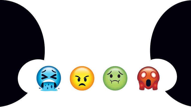 Ilustração representa quatro emojis: vomitando, bravo, com ânsia e espantado. Ao fundo dois círculos da cor preta com reentrâncias que envolvem as cabeças do primeiro e do último emoji