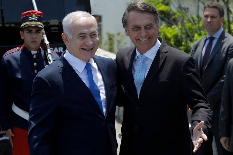 O ex-primeiro-ministro de Israel, Benjamin Netanyahu, e o presidente brasileiro Jair Bolsonaro, no Rio de Janeiro, em 2018