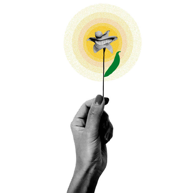 Colagem com foto em preto e branco de uma mão segurando uma flor, na qual há um sorriso no lugar das pétalas
