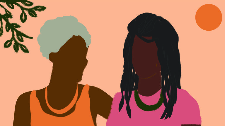 Desenho de duas mulheres negras, uma de cabelo curto e grisalho que coloca o braço sobre o ombro da outra, que tem cabelos longos e negros