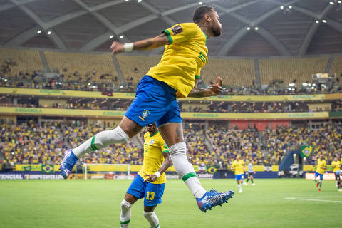 MANAUS, AMAZONAS - BRASIL - 14/10/2021 - BRASIL X URUGUAI - Neymar (Brasil) comemora gol durante a partida disputada na Arena Amazonas, em Manaus. Foto: Ricardo Nogueira/FotoFC