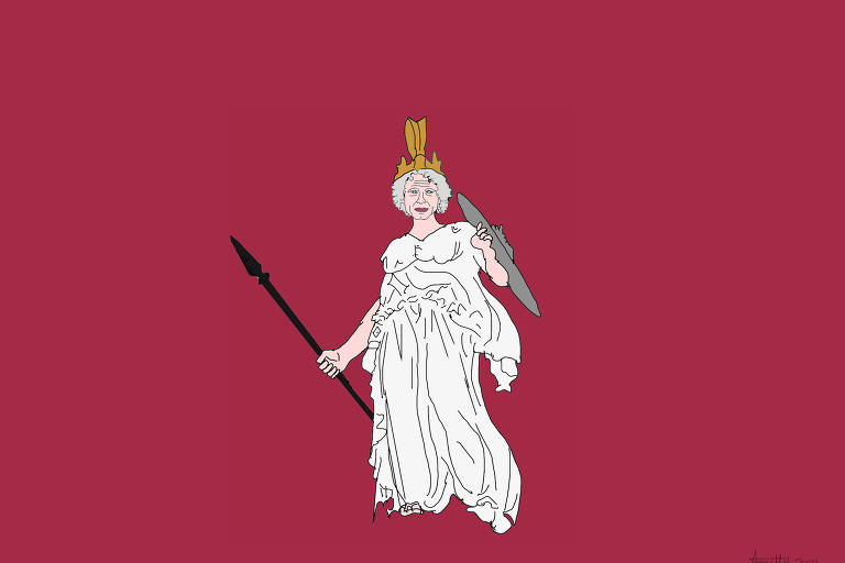 A ilustração, com um fundo de cor vinhho, apresenta em destaque uma guerreira aparentando meia idade, com cabelos cinzas, usando um vestido branco e uma coroa amarela. A guerreira também porta uma lança na mão na mão esquerda e um escudo na mão direita