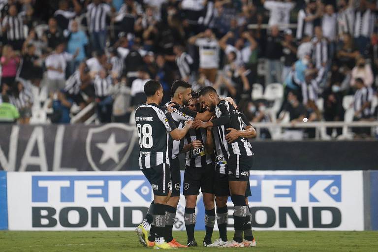 Grupo de jogadores do Botafogo comemora a boa fase na Série B do Campeonato Brasileiro
