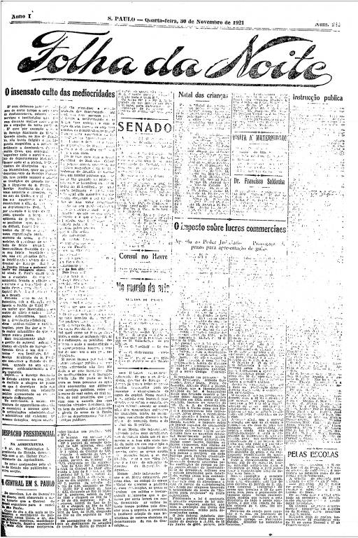 Primeira Página da Folha da Noite de 30 de novembro de 1921