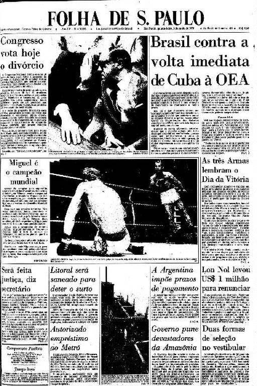 Primeira página da Folha no dia que Miguel de Oliveira foi campeão mundial de Boxe, em maio de 1975