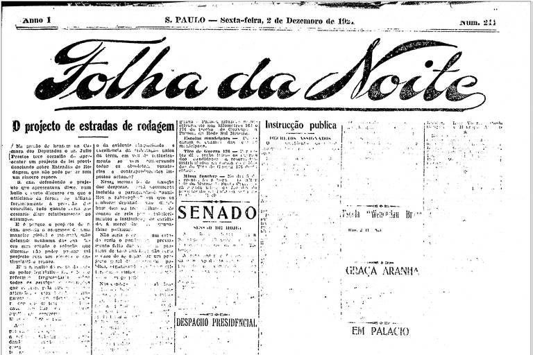 Primeira Página da Folha da Noite de 2 de dezembro de 1921