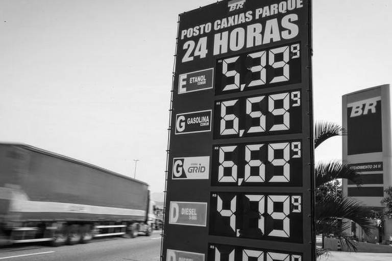 Placa de preços de um posto de combustíveis