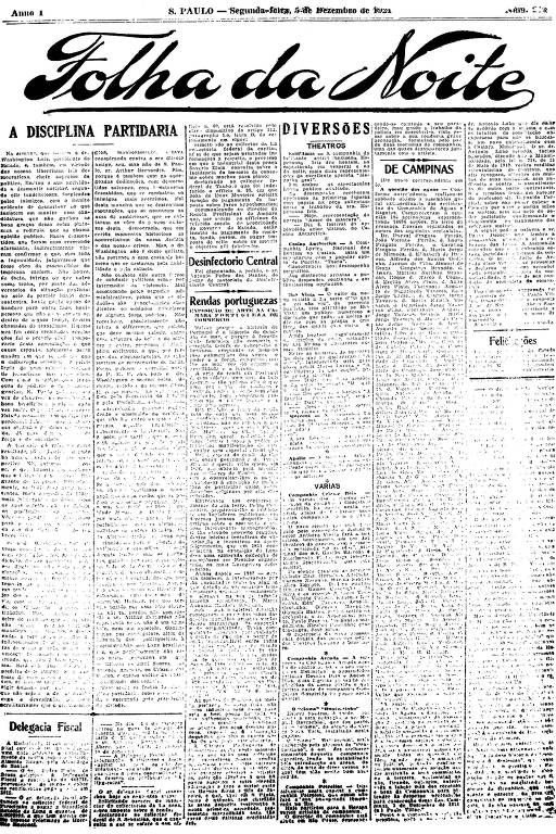 Primeira Página da Folha da Noite de 5 de dezembro de 1921