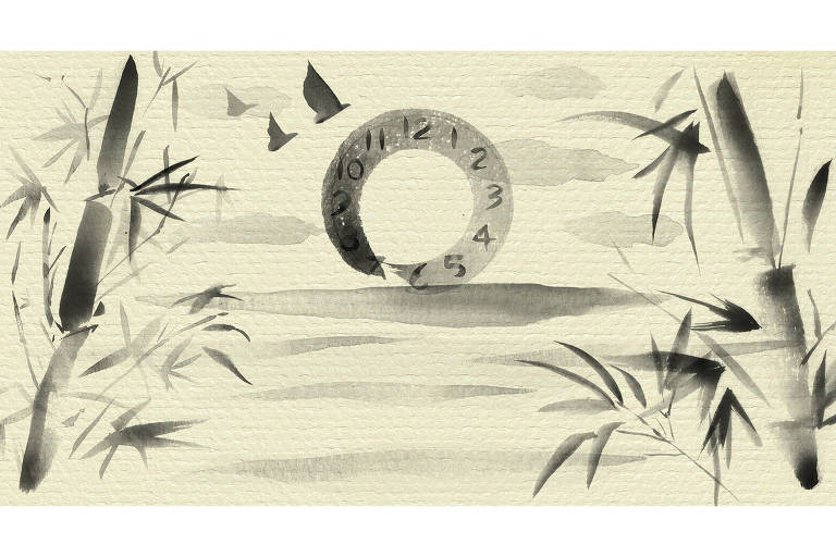 Ilustração feita com aguada de nanquim em estilo oriental mostra bambuzais em volta de círculo com números como um relógio