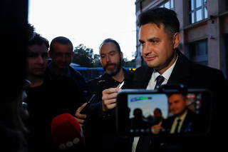 Opposition candidate for prime minister Peter Marki-Zay arrives at the election headquarters after the opposition primary election in Budapest