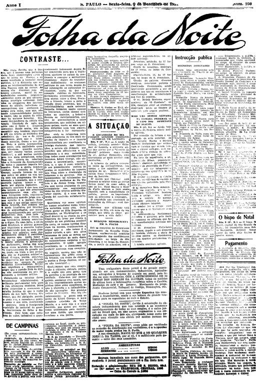 Primeira Página da Folha da Noite de 9 de dezembro de 1921