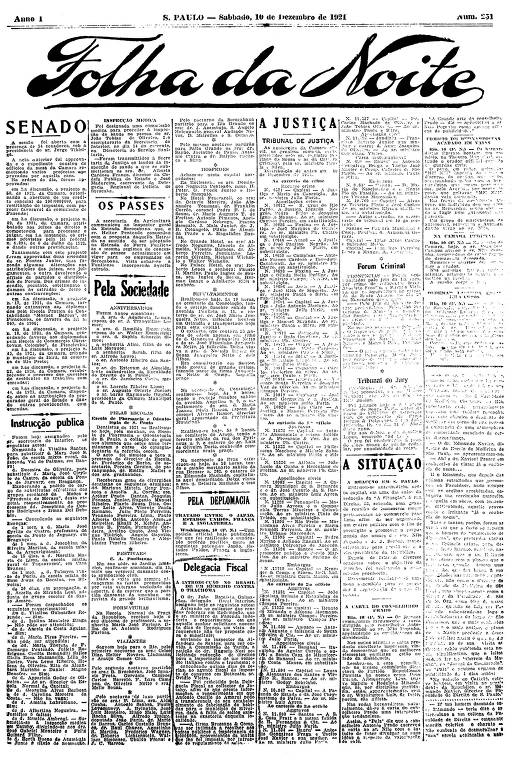 Primeira Página da Folha da Noite de 10 de dezembro de 1921