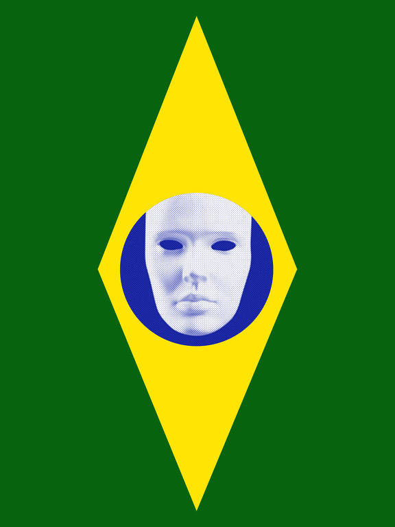 bandeira do brasil disposta de maneira vertical com uma máscara branca em formato humano no meio