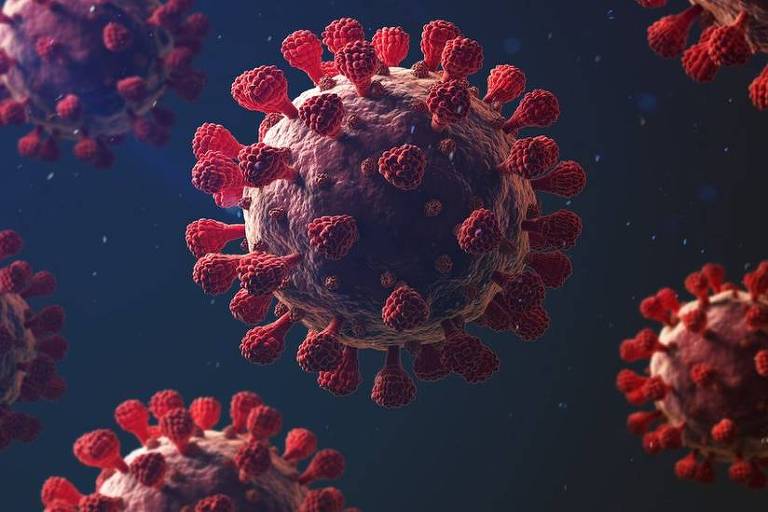 Imagem ilustrativa do coronavírus mostra círculos com pontos vermelhos