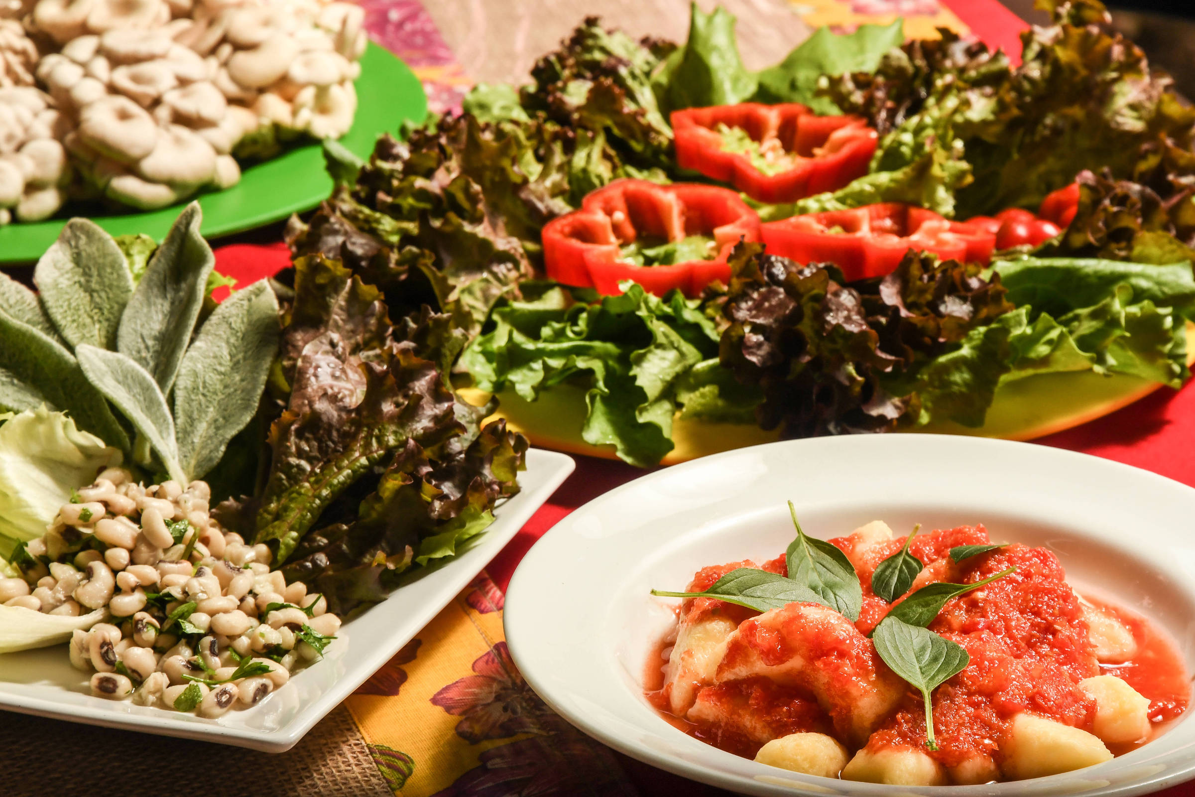 Prato branco com massa italiana com molho de tomate com manjericão, cercado de dois pratos de salada com folhas diversas, pimentão e grãos