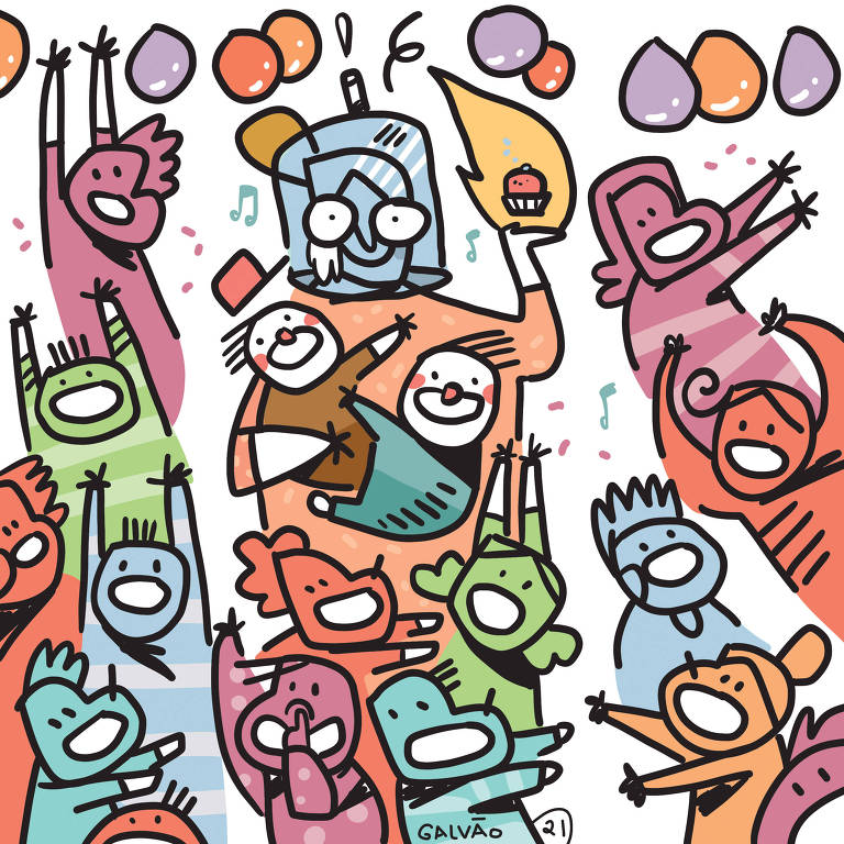Ilustração representando crianças e adultos sorrindo em meio a balões de festa