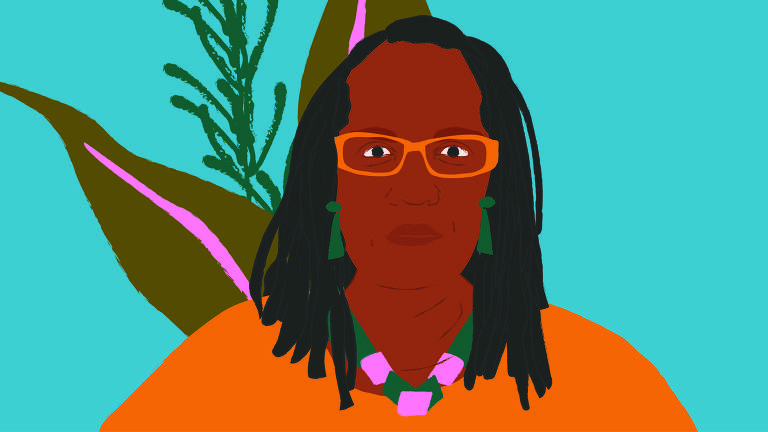 Ilustração de uma mulher negra de óculos e cabelos compridos até a altura dos ombros