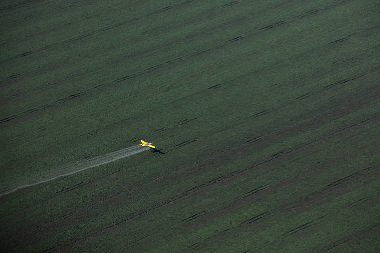 imagem aérea de pequeno avião sobrevoando grande área verde de plantação