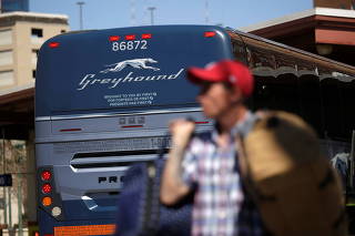 A bus sits at the Greyhound bus station, in El Paso