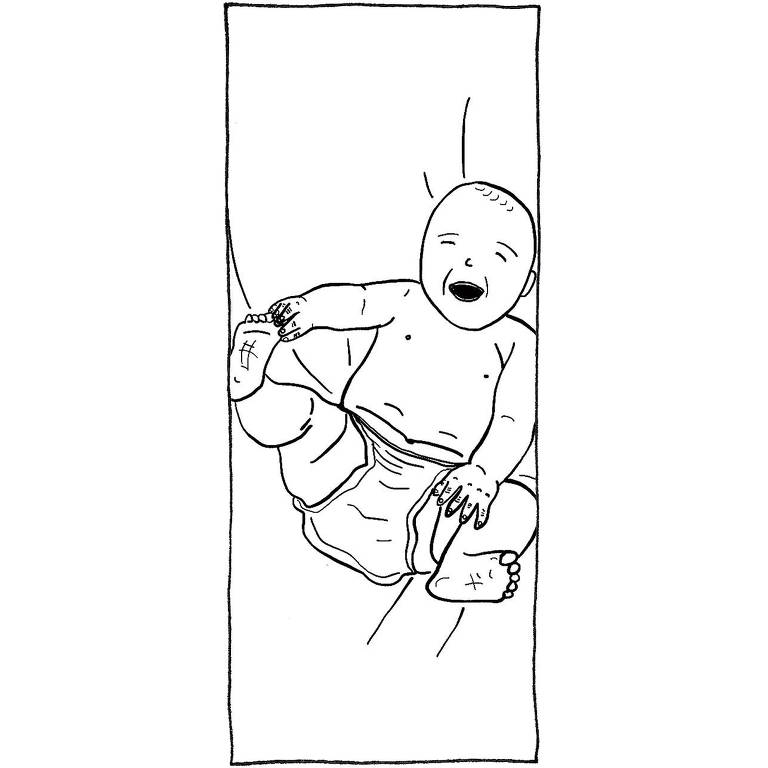 Ilustração de bebê sorrindo deitado enquanto segura um dos pés com a mão