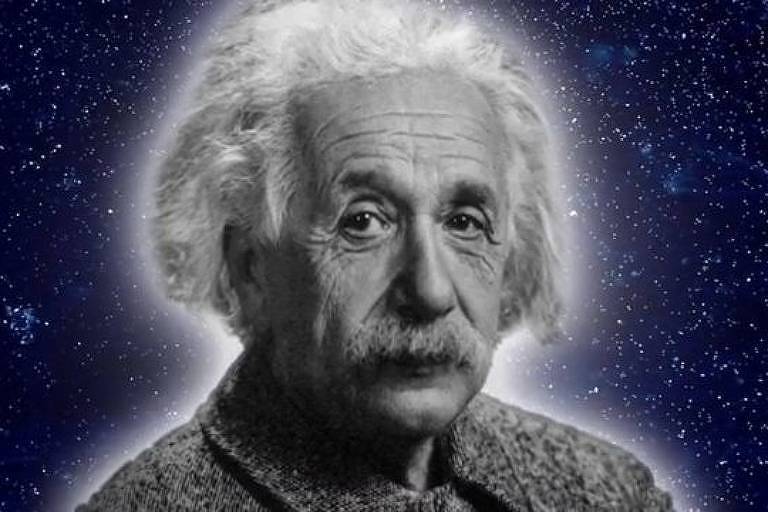 Imagem em primeiro plano de Albert Einstein em um fundo estrelado