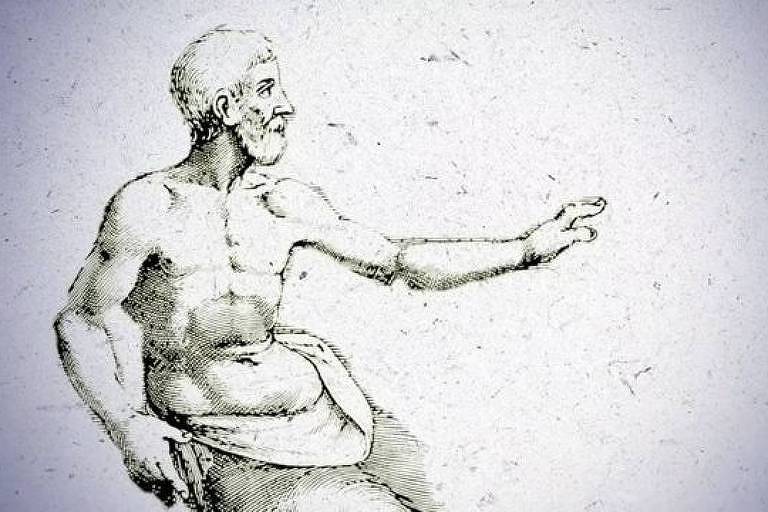 Ilustração de um homem sem camisa com um dos braços esticados para o lado