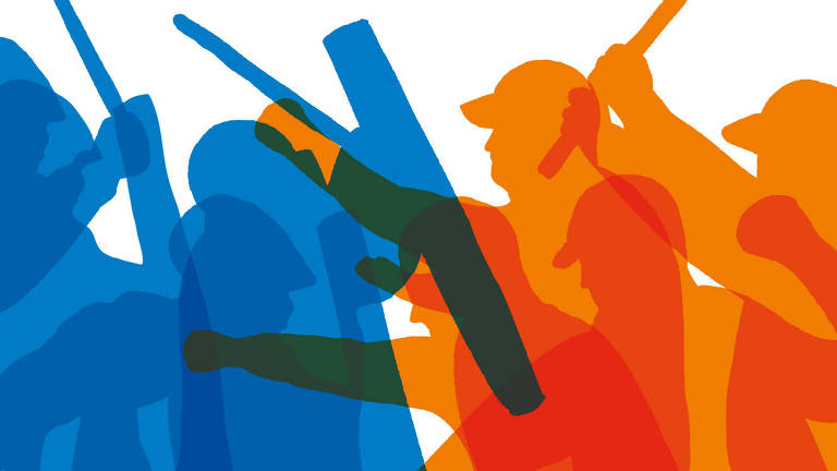 Ilustração representando sombras de dois grupos de pessoas que se batem com cassetetes e escudos
