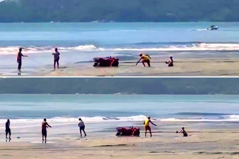 Mulheres atolam em obra que aumenta faixa de areia em Balneário Camboriú (SC); veja vídeo