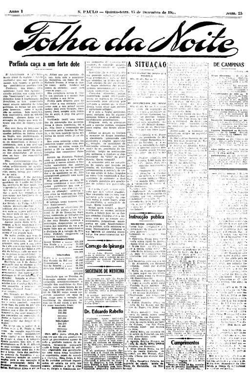 Primeira Página da Folha da Noite de 15 de dezembro de 1921