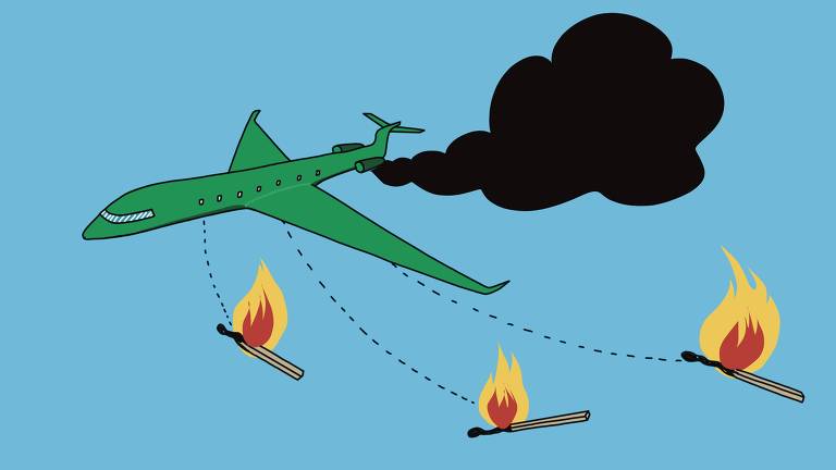 Ilustração representando um avião que solta do céu uma núvem de fumaça e palitos de fósforo em chamas