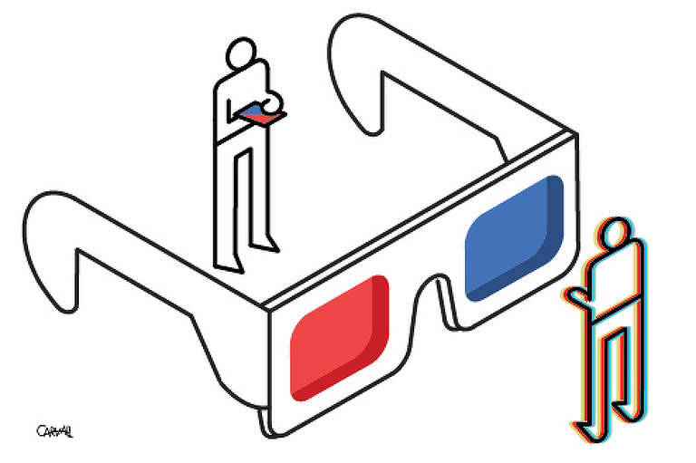 Ilustração Carvall para a coluna Ombudsman publicada no dia 31 de outubro de 2021. Nela um óculos gigante, a lente da direita é vermelha e a lente da esquerda é azul. Na frente uma pessoa de costa, na frente uma pessoa de frente segurando na mão um quadrado azul e vermelho.