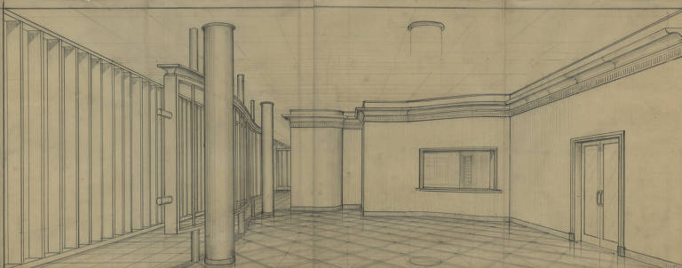 Croqui original de Artacho Jurado para interior do edifício Piauí, em exposição na Escola da Cidade