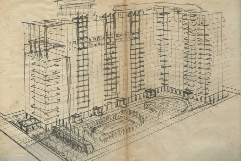 Croqui original de Artacho Jurado para o edifício Bretagne, em exposição na Escola da Cidade