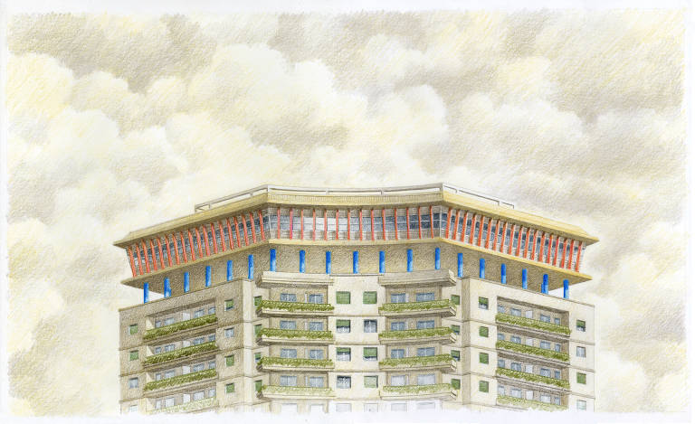 Desenho a lápis de cor mostra edifício com jardineiras cheias de plantas e coroado por um terraço com pilares azuis e vermelhos; o céu tem nuvens em tons de amarelo e cinza