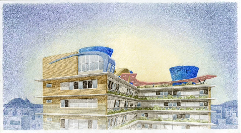 Edifício Bretagne em desenho de Neco Stickel exposto na mostra "Artacho Jurado, Arquiteto?", em cartaz no Museu da Cidade - Chácara Lane