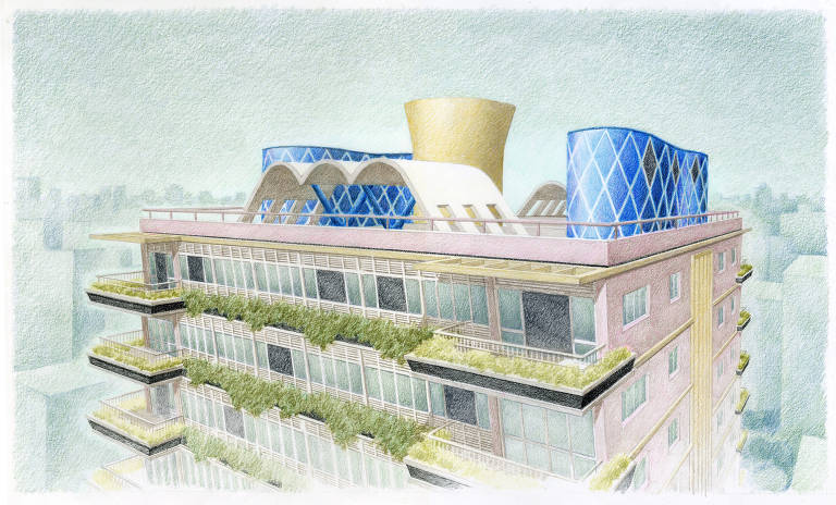 Edifício Parque das Hortênsias em desenho de Neco Stickel exposto na mostra "Artacho Jurado, Arquiteto?", em cartaz no Museu da Cidade - Chácara Lane