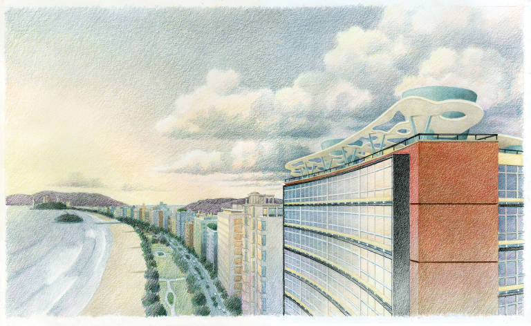 Edifício Parque Verde Mar, em Santos, em desenho de Neco Stickel exposto na mostra "Artacho Jurado, Arquiteto?", em cartaz no Museu da Cidade - Chácara Lane