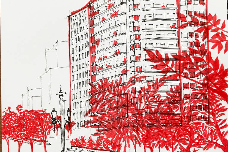 Edifício Planalto, desenho de Claudio Arriagada em exposição na Escola da Cidade