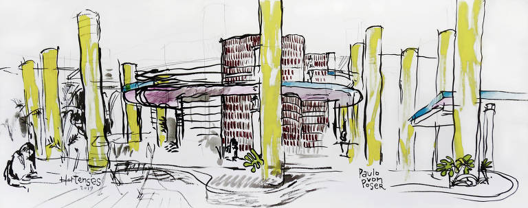 Térreo do edifício Parque das Hortênsias, desenho de Paulo Von Poser em exposição na Escola da Cidade