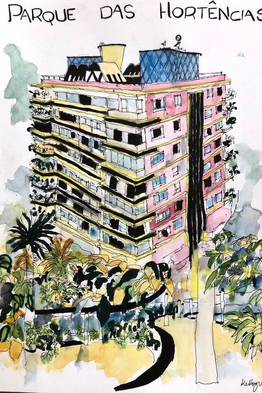 Edifício Parque das Hortênsias, desenho de Helena Okazu em exposição na Escola da Cidade